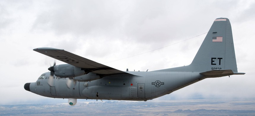 A specially modified 46th Test Wing NC-130H aircraft equipped with the Advanced Tactical Laser weapon system.