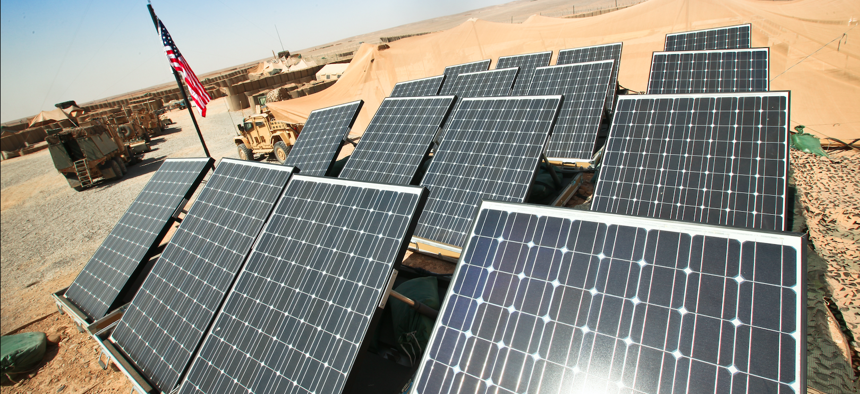 Solar panels sit atop HESCO barriers at Patrol Base Boldak, Helmand province, Afghanistan, in 2011.