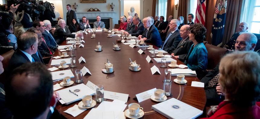 President Donald Trump meets with his Cabinet in the Cabinet Room of the White House in Washington, Monday, March 13, 2017. 