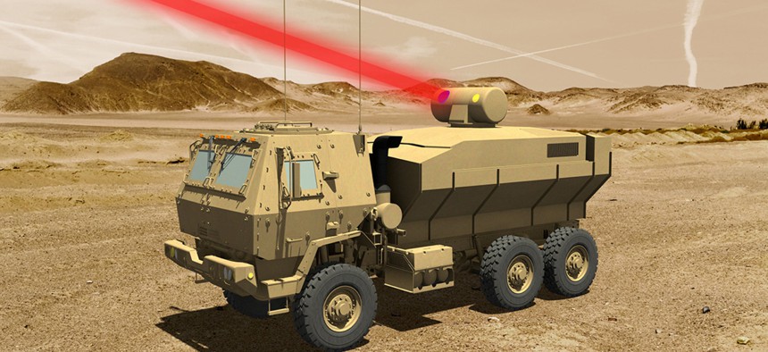 An illustration of a laser mounted aboard an experimental laser test truck.