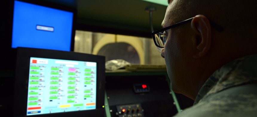 A U.S. Airman views a computer screen at a test cell facility at Shaw Air Force Base, S.C., March 3, 2017. 