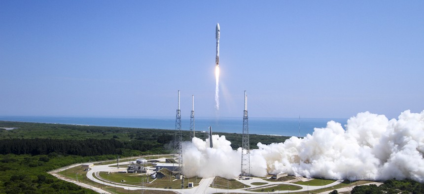 An Atlas V rocket, powered by the Russian-built RD-180 engine, lifts off from Cape Canaveral Air Force Station, Fla., on May 20, 2015.