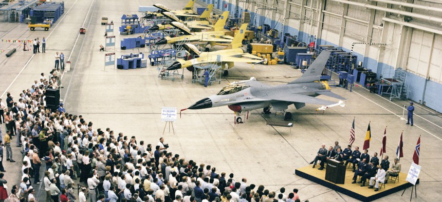 The delivery ceremony of the first production F-16 in August 1978. 