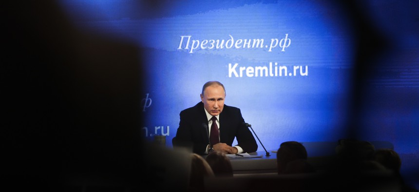Russian President Vladimir Putin speaks during his annual news conference in Moscow, Russia, Friday, Dec. 23, 2016.