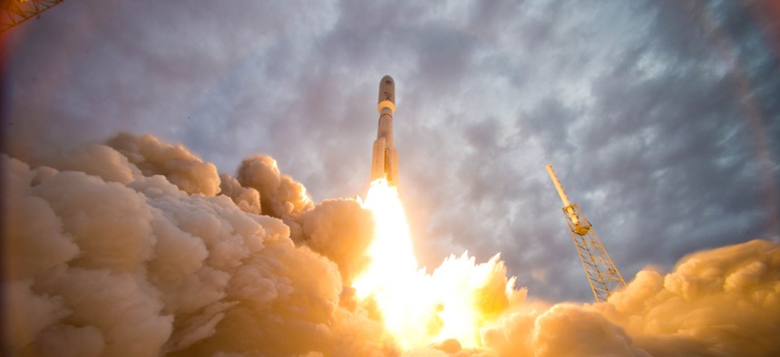 The MUOS next-generation narrowband military satellite communication system lifts off aboard a United Launch Alliance Atlas V rocket from Space Launch Complex-41 on July 9, 2013, at Cape Canaveral Air Force Station, Fla.