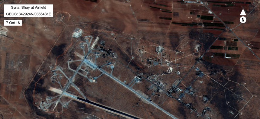 An October 2016 aerial photo of Shayrat Airfield, which U.S. warship hit with cruise missiles on April 7, 2017.