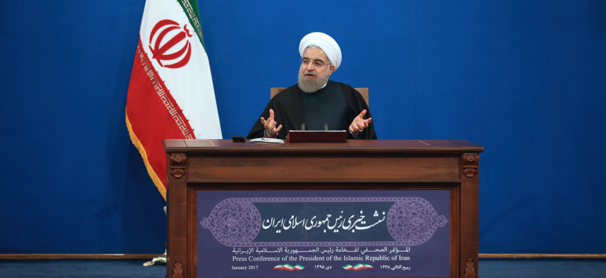 Iranian President Hassan Rouhani speaks in a press conference at the presidency compound in Tehran, Iran, Tuesday, Jan. 17, 2017.