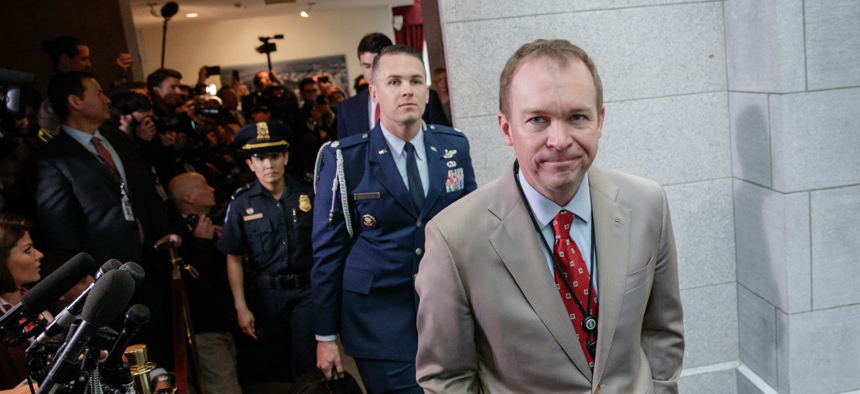 Budget Director Mick Mulvaney arrives on Capitol Hill in Washington, Tuesday, March 21, 2017.
