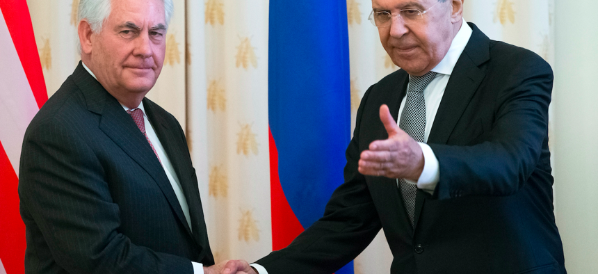 Secretary of State Rex Tillerson meets Russian Foreign Minister Sergey Lavrov for talks in Moscow, Russia, Wed., April 12, 2017.