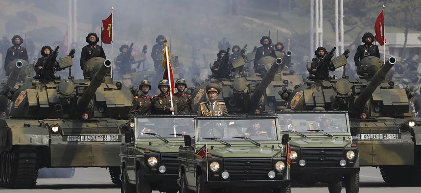 Soldiers on tanks parade across Kim Il Sung Square during a military parade on Saturday, April 15, 2017, in Pyongyang, North Korea.