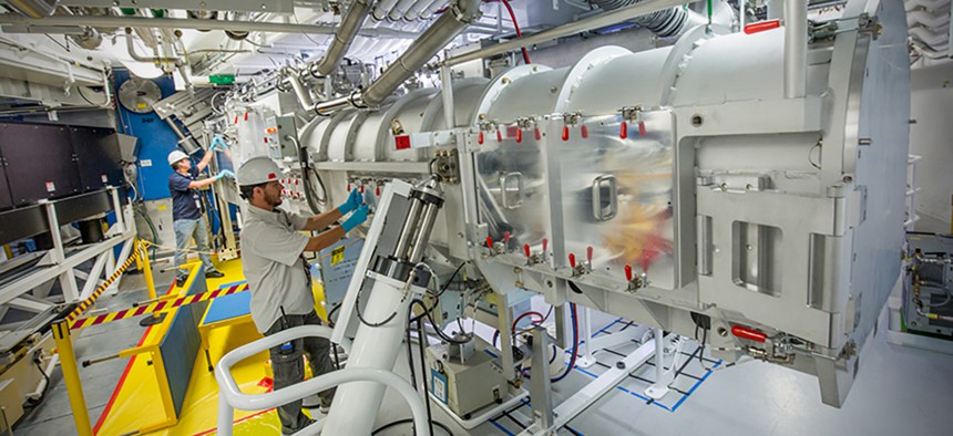 An operator prepares the Target and Diagnostic Manipulator at the Lawrence Livermore National Laboratory, Feb. 2017.