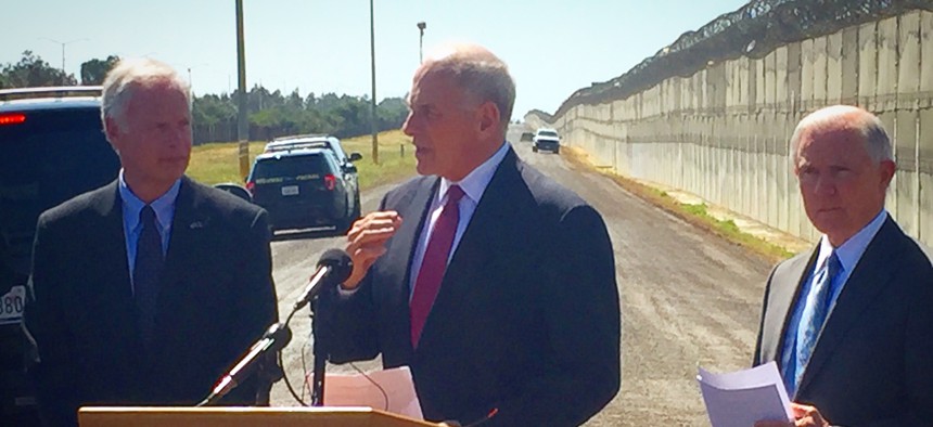 From left to right, Sen. Ron Johnson, R- Wisc, DHS head John Kelly, U.S. Attorney General Jeff Sessions, at a U.S. Customs and Border Patrol Station near San Diego, CA.
