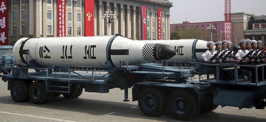 A submarine missile is paraded across a square in Pyongyang, North Korea, on April 15, 2017.