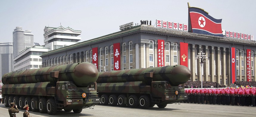 North Korea parades missiles across Kim Il Sung Square during a military parade to celebrate the 105th birth anniversary of Kim Il Sung in Pyongyang in April.