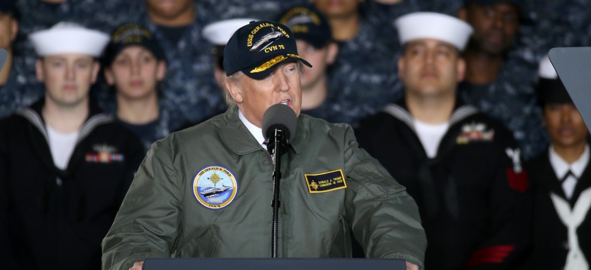 President Donald Trump visits the precommissioning unit Gerald R. Ford (CVN 78) in March 2017.