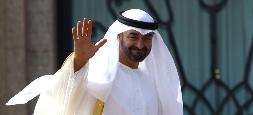 Abu Dhabi's Crown Prince Sheik Mohammed bin Zayed Al Nahyan waves hello.