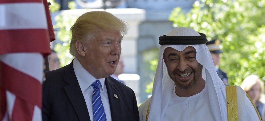 President Donald Trump welcomes Abu Dhabi's Crown Prince Sheikh Mohammed bin Zayed Al Nahyan to the White House in Washington, Monday, May 15, 2017.