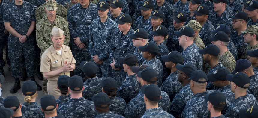 Chief of Naval Operations Adm. John Richardson holds an all-hands call aboard the littoral combat ship USS Coronado (LCS 4), pierside in Singapore on May 16, 2017.