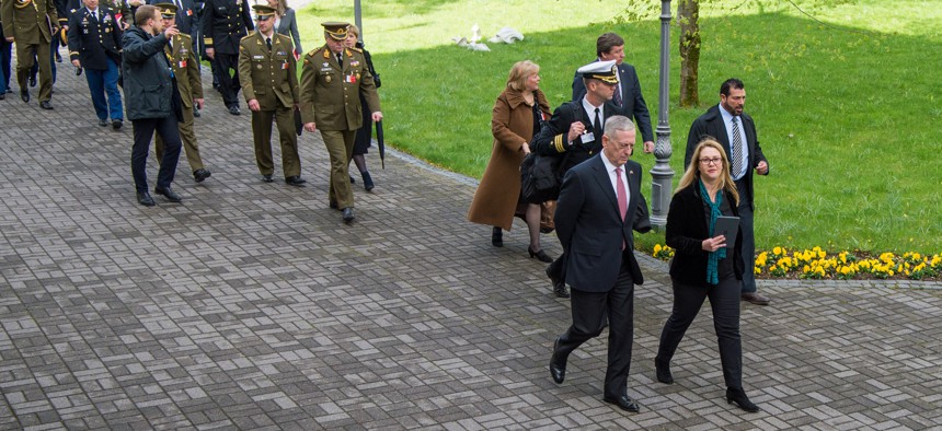 Secretary of Defense Jim Mattis is given a tour during his visit to the Presedential Palace in Vilnius, Lithuania, May 10, 2017. 