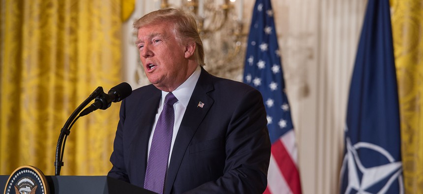 President Donald Trump, pictured at a White House press conference with visiting NATO Secretary General Jens Stoltenberg, Apr. 12, 2017.