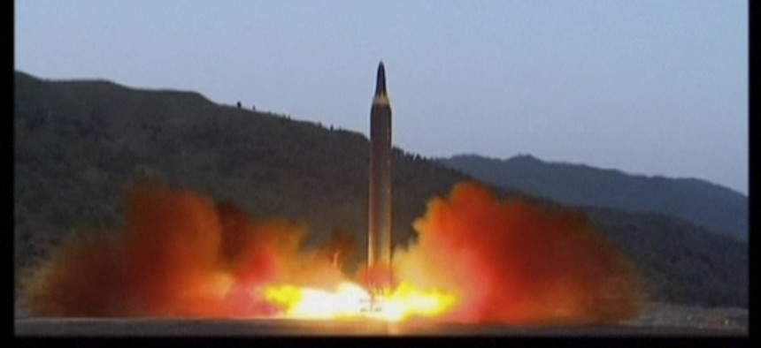 This image made from video of a news bulletin aired by North Korea's KRT on Monday, May 15, 2017, shows what was said to be the launch of the Hwasong-12 missile at an undisclosed location in North Korea. 