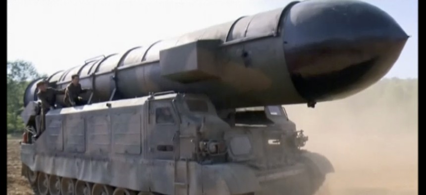 This image made from video of a news bulletin aired by North Korea's KRT on Monday, May 22, 2017, shows what was said to be the Pukguksong-2 missile at an undisclosed location in North Korea.