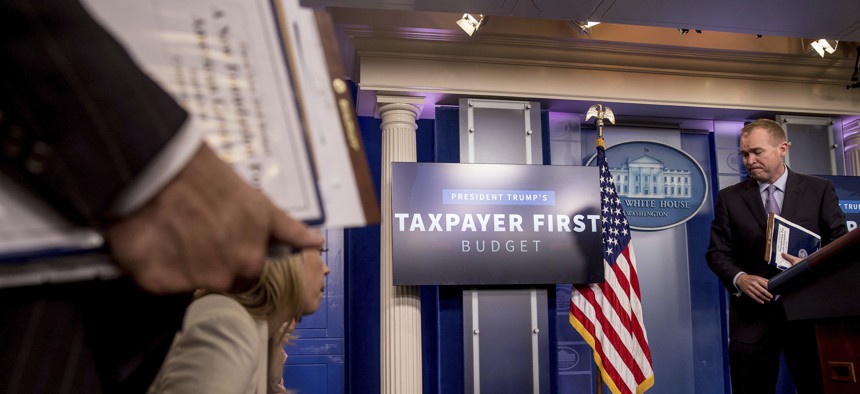 Budget Director Mick Mulvaney departs after speaking to the media about President Donald Trump's proposed fiscal 2018 federal budget in the Press Briefing Room of the White House, May 23, 2017.