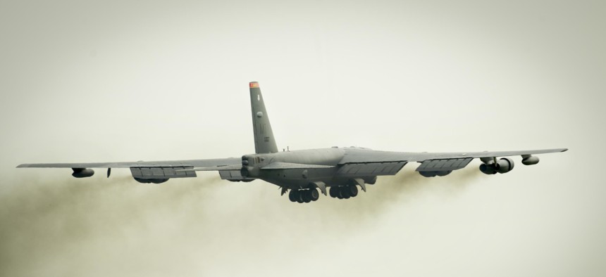  B-52H Stratofortress from Minot Air Force Base, N.D., takes off from Royal Air Force Fairford, United Kingdom, June 7, 2016. 