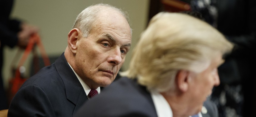 Homeland Security Secretary John Kelly as he listens at right as President Donald Trump speaks during a meeting on cyber security in the Roosevelt Room of the White House in Washington D.C, January 31st, 2017.