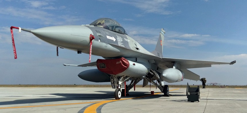A Romanian Air Force F-16 at Fetesti Air Base, Romania, in October 2016.