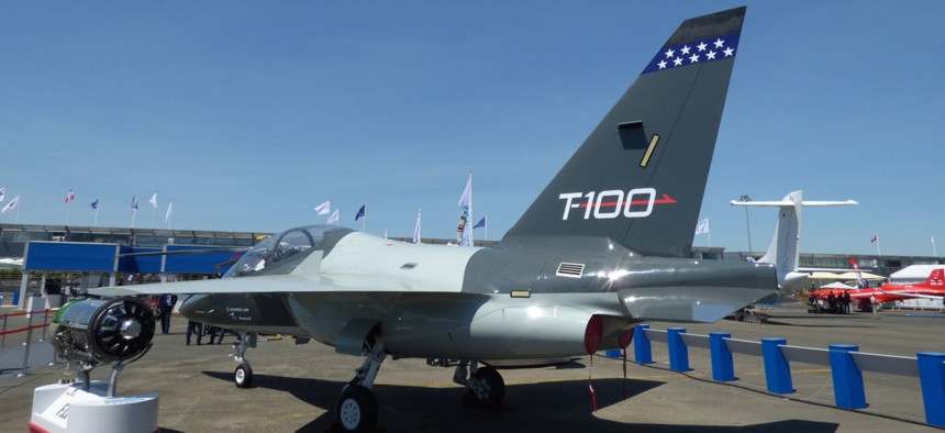 The Leonardo DRS T-100 pilot training jet at the 2017 Paris Air Show.