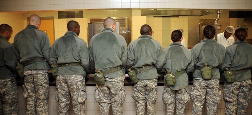 Recruits line up for breakfast at Fort Leonard Wood, Missouri, in 2010. 