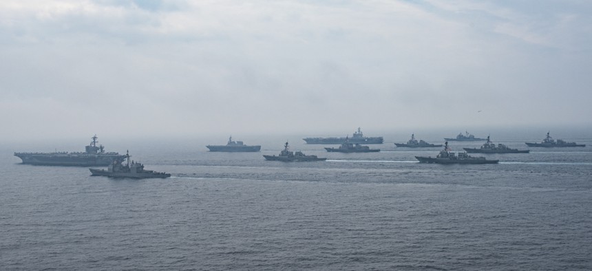 The Carl Vinson and Ronald Reagan strike groups operate with Japanese Ships (JS) Hyuga (DDH 181) and JS Ashigara (DDG 178) in the Sea of Japan, June 1, 2017.