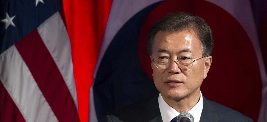 South Korean President Moon Jae-in speaks at a dinner hosted by the U.S. Chamber of Commerce and the South Korean Chamber of Commerce in Washington, Wednesday, June 28, 2017. (