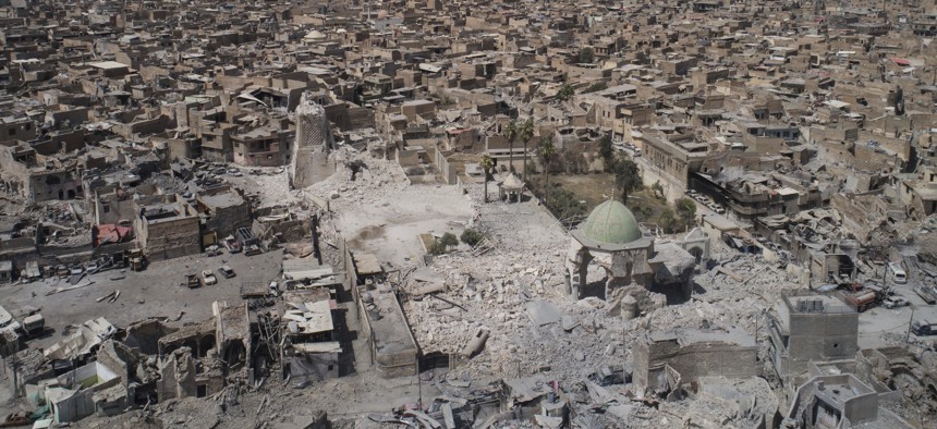 An aerial view of the destroyed landmark al-Nuri mosque in the Old City of Mosul, Iraq, June 28, 2017.