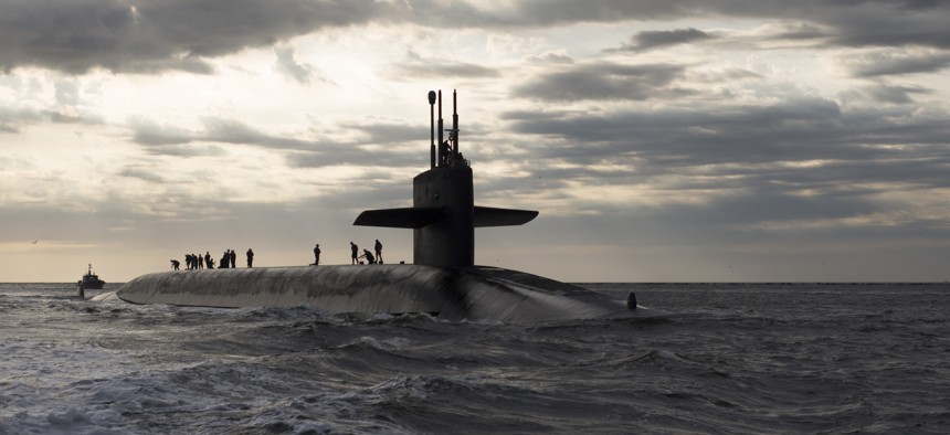 The U.S. Navy's ballistic missile submarine Rhode Island, seen here in a 2013 photo, is among the nuclear-armed platforms covered by the New START Treaty with Russia.