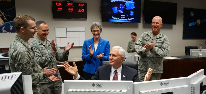 Vice Pres. Mike Pence, Air Force Secretary Heather Wilson, and Air Force Space Command's Gen. John Raymond, right, visit Peterson AFB, Schriever AFB and Cheyenne Mountain for a closer look at the military's space operations, June 23, 2017.