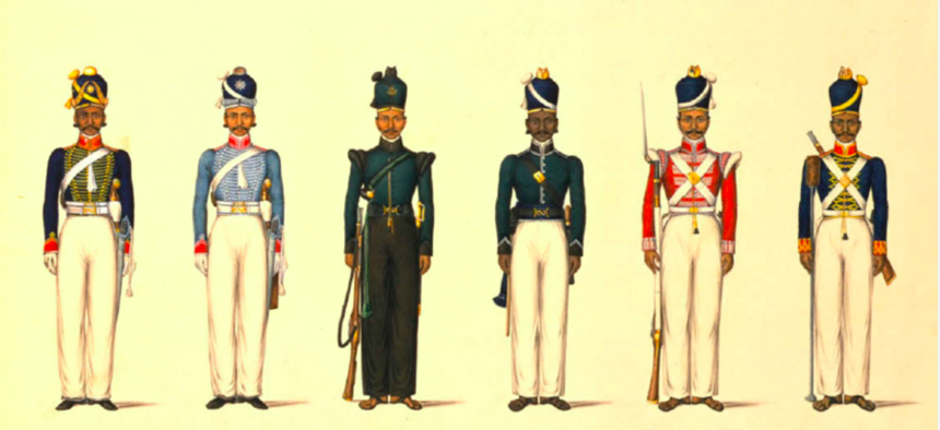 Uniforms of the Madras Army, part of the military forces of the British East India Company, which contractor Erik Prince has suggested as a model for a mercenary takeover of the U.S. war in Afghanistan