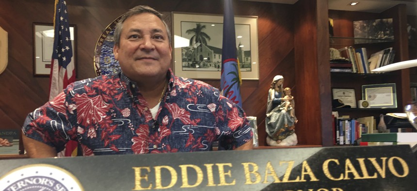 Guam Gov. Guam Eddie Baza Calvo speaks to the media in his office in Adelup, Guam, Friday, Aug. 11, 2017. 