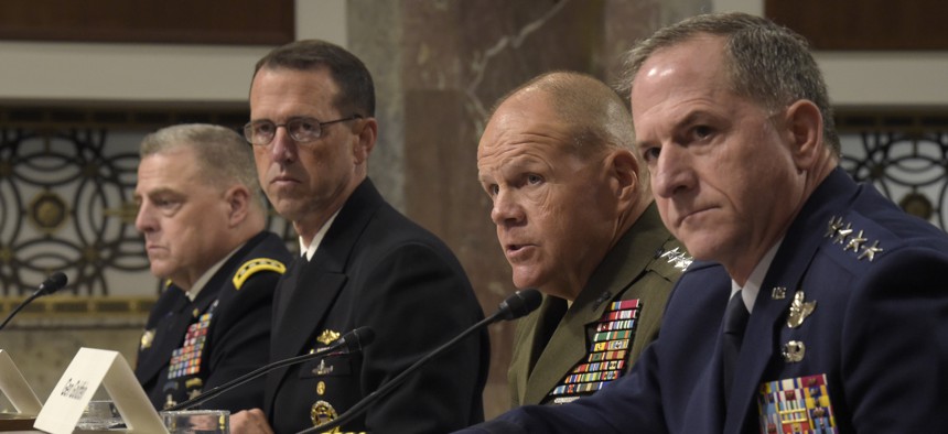Marine Corps Commandant Gen. Robert B. Neller, second from right, sitting with, from left, U.S. Army Chief of Staff Gen. Mark Milley, U.S. Chief of Naval Operations Adm. John Richardson, and Air Force Chief of Staff Gen. David Goldfein, on Sept. 15, 2016.