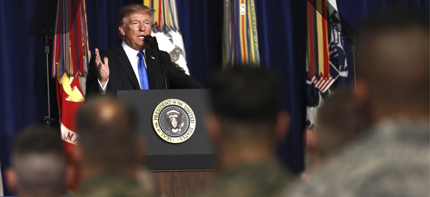 President Donald Trump speaks at Fort Myer in Arlington Va., Monday, Aug. 21, 2017.