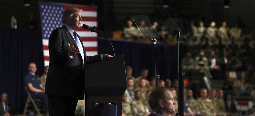 President Donald Trump speaks at Fort Myer in Arlington Va., Monday, Aug. 21, 2017.