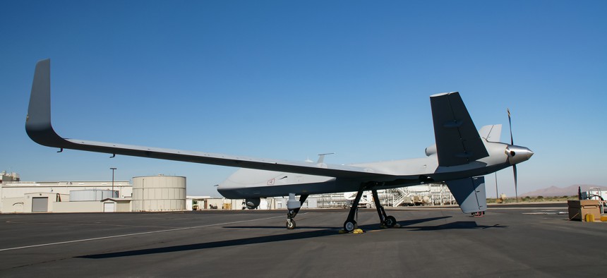 An MQ-9B from General Atomics on the tarmac at Grey Butte, California. Taken on August 19, 2017.