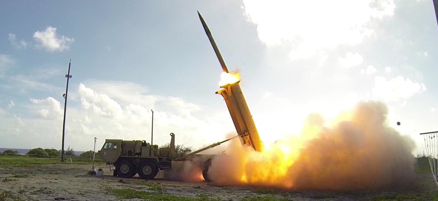 A Terminal High Altitude Area Defense (THAAD) interceptor is launched from a battery located on Wake Island during a Nov. 1, 2015 flight test..