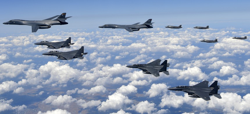 U.S. Air Force B-1B bombers, F-35B stealth fighter jets and South Korean F-15K fighter jets fly over the Korean Peninsula during a joint drills, South Korea on Sept. 18, 2017.