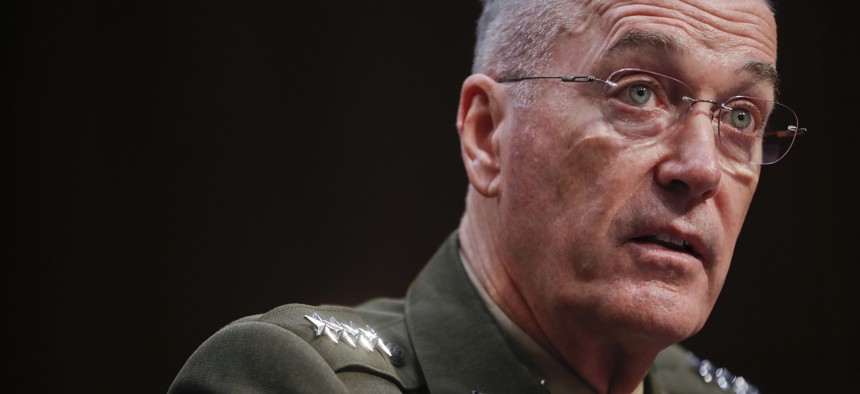 Joint Chiefs Chairman Marine Corps Gen. Joseph Dunford testifies before the Senate Committee on Armed Services on Capitol Hill in Washington, Tuesday, Sept. 26, 2017, to consider his reappointment.
