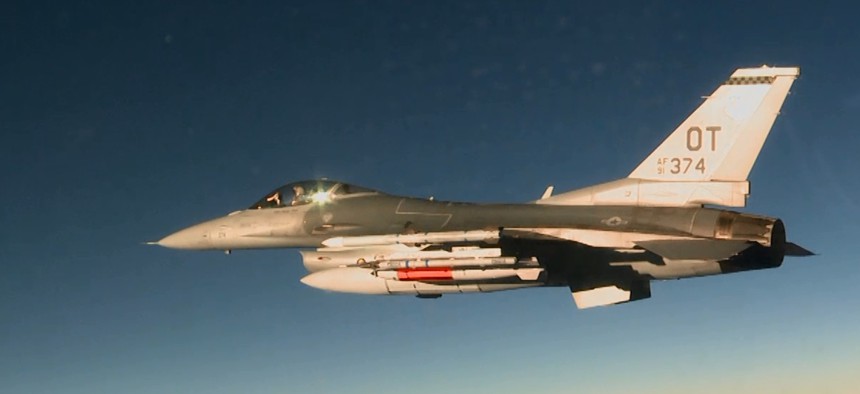 An Air Force F-16C dropped an inert B61-12 nuclear bomb during a development flight test at Nellis AFB, Nevada, on March 14, 2017