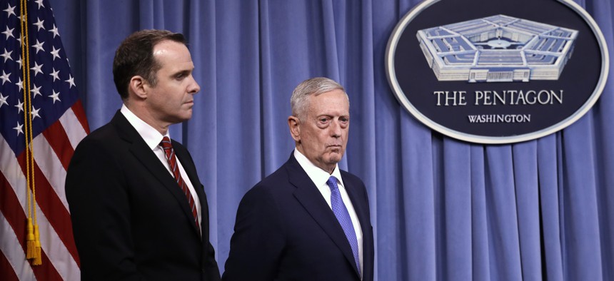 Defense Secretary Jim Mattis at a rare news conference at the Pentagon, Fri., May 19, 2017, with Brett McGurk, special presidential envoy for the global coalition to counter ISIS.