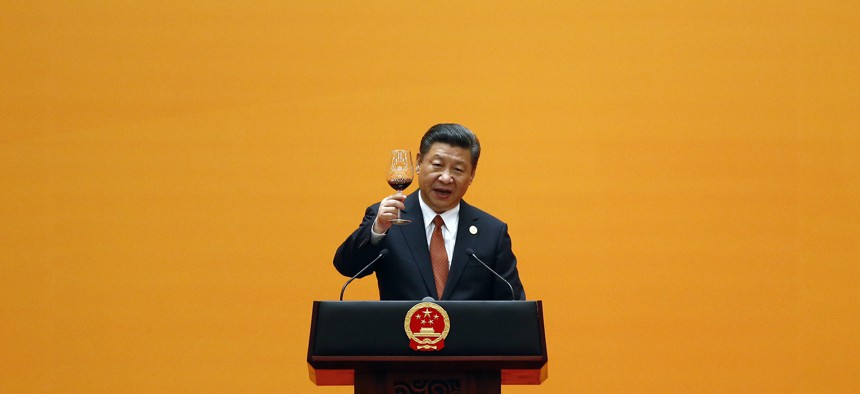 Chinese President Xi Jinping makes a toast, during the welcoming banquet for the Belt and Road Forum at the Great Hall of the People in Beijing, May 14, 2017.