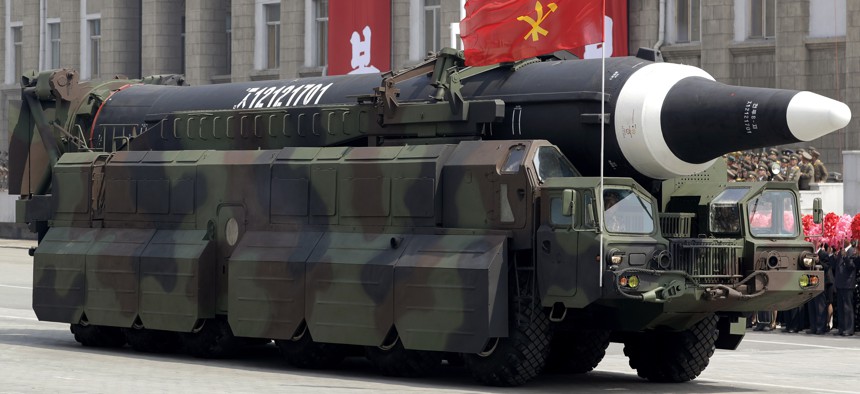 In this April 15, 2017, file photo, an unidentified missile that analysts believe could be the North Korean Hwasong 12 is paraded in Kim Il Sung Square in Pyongyang, North Korea.
